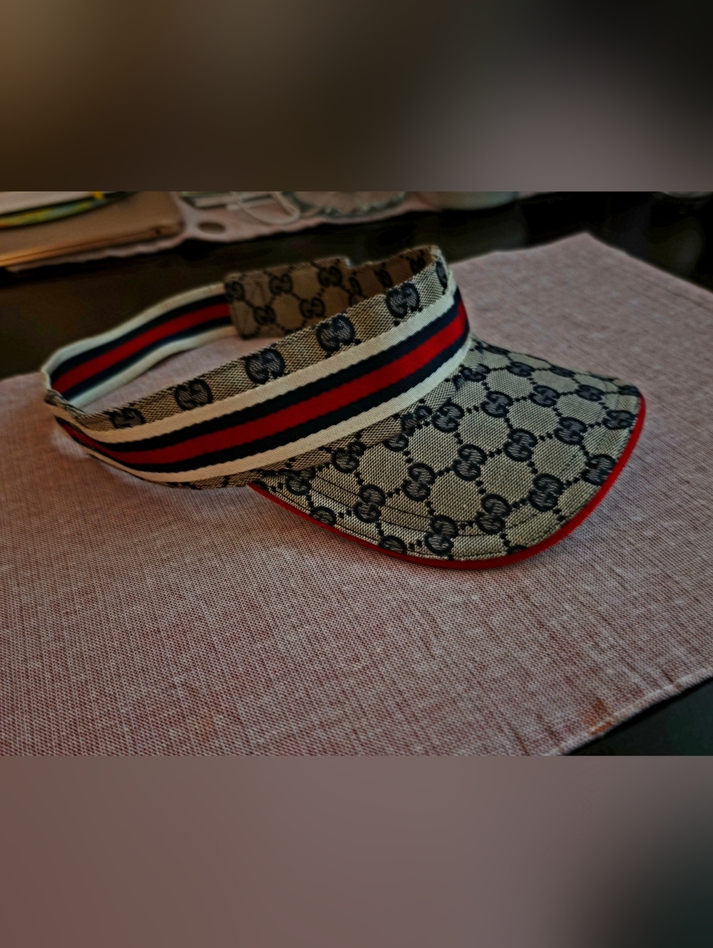 Gucci Beige GG Canvas Sun Visor with Navy & Red Stripe